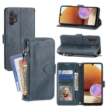 Imagem de Capa carteira 2 em 1 compatível com Samsung Galaxy A32 4G, capa de telefone com zíper multi-cartão carteira de couro folio flip carteira capa magnética capa de telefone com alça de pulso (Color : Blu