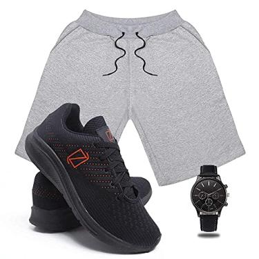 Imagem de Conjunto Bermuda Moletom Masculina + Tenis Masculino Academia Ultra Conforto + Relógio Ponteiro - Cinza-PretoLaranja/M-38