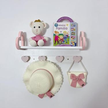 Imagem de Prateleira coração colorida e cabideiro quarto infantil 45cm Cor:Rosa