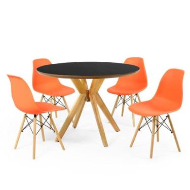 Imagem de Conjunto Mesa de Jantar Redonda Marci Premium Preta 100cm com 4 Cadeiras Eames Eiffel - Laranja