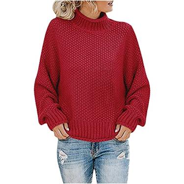 Imagem de Tops femininos de outono tricotado gola rolê suéter feminino cor sólida gola falsa tops de malha estilo coreano roupas para mulheres, Vinho, XX-Large