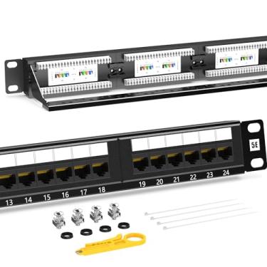 Imagem de AMPCOM Premium Series CAT5 / 5e 24 portas Patch Panel, montagem em rack - 1U, 19 polegadas, RJ45 Ethernet 568A 568B, 15u banhado a ouro, com barra de suporte de cabo traseira