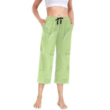 Imagem de KLL Calça de pijama feminina fina com cordão cropped para mulheres plus size elegante calça de dormir sem costura fofa, Sem costura fofo abacate tropical fruta verde, Small