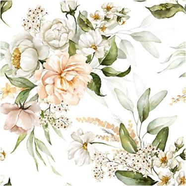 Imagem de Blooming Wall DPY53P Papel de parede removível aquarela boho folhas frescas texturizadas papel de parede autoadesivo pré-colado (45 x 299 cm, flor branca champanhe)