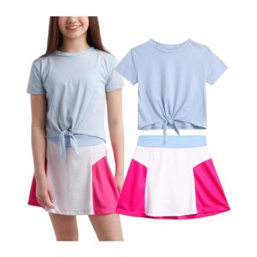 Imagem de Reebok Conjunto de saia ativa para meninas – Camiseta de desempenho de 2 peças e saia atlética – Conjunto de saia de tênis plissada para meninas (7-12), Azul claro claro, 10