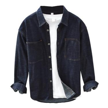 Imagem de Camisa jeans masculina, manga comprida, bainha reta, cor sólida, botões frontais, caimento solto, Azul-escuro, M
