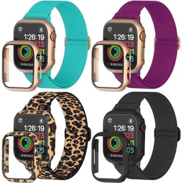 Imagem de Pulseira de nylon para Apple Watch Ultra, alça ajustável, pacote com 4 com capa (azul safira, framboesa escura, preto carvão, leopardo selvagem, 49 mm)