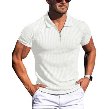 Imagem de Gnvviwl Camisa polo masculina com zíper e manga curta, manga curta, malha canelada, Branco, M