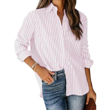 Imagem de siliteelon Camisas femininas de botão de algodão listradas camisa social manga longa colarinho escritório trabalho blusas tops, Rosa e branco 01, XXG