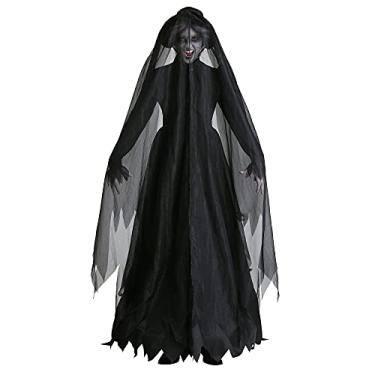 Imagem de Hotcostyle Vestido de noiva fantasma para mulheres, fantasia de vampiro, preto, fantasia de Halloween, bruxa, véu, chapéu, 3 peças