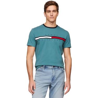 Imagem de TOMMY HILFIGER Camiseta masculina de gola redonda bordada com bandeira de modelagem regular coleção 2024, Oceano azul-petróleo, M