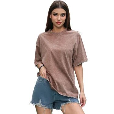 Imagem de Camiseta feminina vintage lavada grande casual folgada streetwear boyfriend camiseta de treino manga curta tops de algodão, Arena, XXG