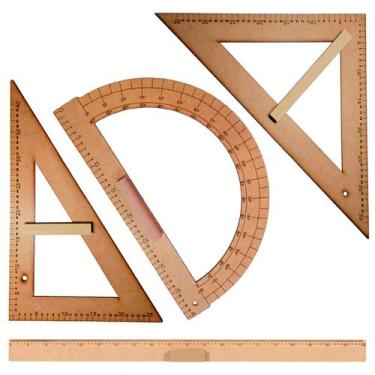 Imagem de Kit Geométrico do Professor Mdf Com Régua 1 Metro, Esquadro 30/60 Grau