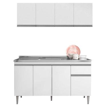 Imagem de Balcão de Pia Tatiane 145 cm e Armário Aéreo Andréia 4 Portas 150 cm Branco Brilho - AJL