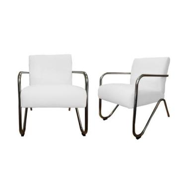 Imagem de Kit 2 Poltronas Decorativa Bela Couro Branco Braço Cromado Ms Decor - 
