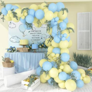 Imagem de Soonlyn Balões de látex para festa azul, 130 peças, kit de arco de guirlanda de balões azuis e amarelos para chá de bebê, decoração de aniversário de meninos, 45 em 25 cm