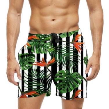 Imagem de Short Praia Shorts Banho Bermuda Verão Xadrez Plantas Natureza Verde G
