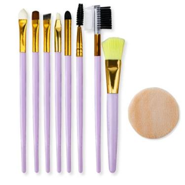 Imagem de Kit 8 Pincéis Maquiagem Olhos Sobrancelha Sombra Cílios Base + Esponja