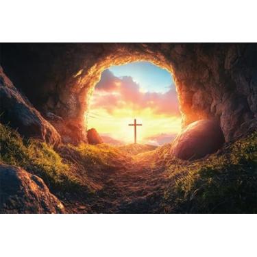 Imagem de Pnylzzyxh Jesus Cristo Cruz Pano de fundo Ressurreição de Jesus Nascer do Sol Tumba Páscoa Decorações Fundo Crucificação Religioso Fundo de Natal Lord Pray Church Event Studio Adereços 3 x 2,4 m