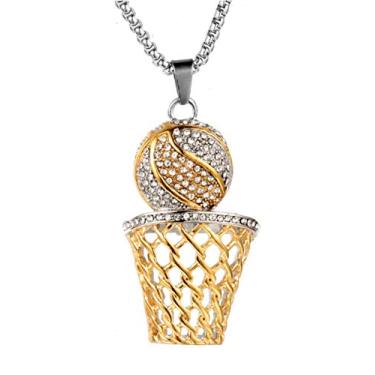 Imagem de Blowin Colar de basquete hip hop de aço inoxidável com pingente de aro de zircônia cúbica embutida para homens namorado, Aço inoxidável, Zircônia cúbica