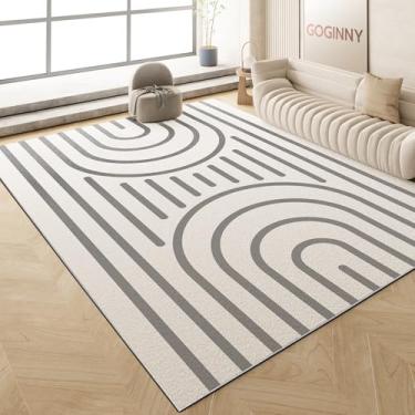 Imagem de Tapete de área moderno lavável 12 x 18 cm para sala de estar, cinza, branco, minimalista, artístico, abstrato, grande, tapete de lã sintética, leve, macio, com suporte antiderrapante para casa,