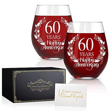 Imagem de Perfectinsoy Conjunto de Taças de Vinho de Feliz Aniversário de 60 Anos com 2, Presente de Casamento de 60 Anos para Mãe, Pai, Esposa, Alma Gêmea, Casal, Engraçado Vintage Exclusivo Personalizado, Pre