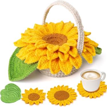 Imagem de HVEST Kit de crochê para iniciantes, kit inicial de crochê com 3 peças de girassol com tutoriais em vídeo passo a passo, acessórios de crochê para adultos e mulheres, presentes faça você mesmo, kits