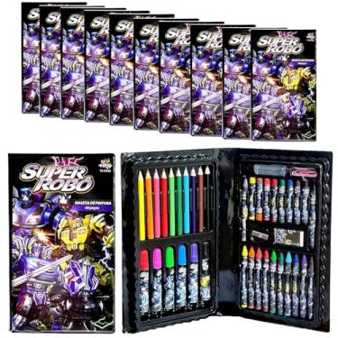 Imagem de 10 Estojos de Colorir Robôs 48 Peças para Lembrança Festa Aniversário Infantil Maleta Escolar
