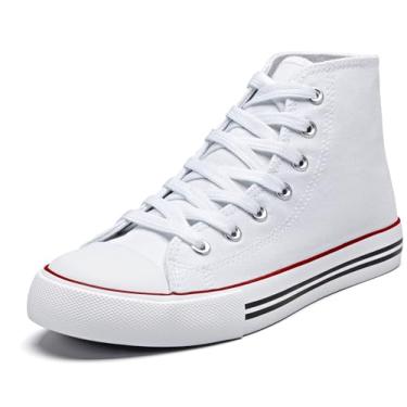 Imagem de Tênis feminino de lona de cano alto – Sapatos casuais clássicos com cadarços extras – Confortável, elegante e durável, Branco, 36