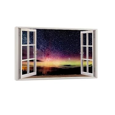 Imagem de JZSDGB Tela de paisagem de janela aberta arte de parede - aurora céu estrelado pintura de paisagem de janela - impressão natural em tela falsa janela vista paisagem imagem de arte para decoração de