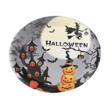 Imagem de Prato Papel Tema 18cm Halloween Abóbora Chapéu - 10 unid - Silverfesta
