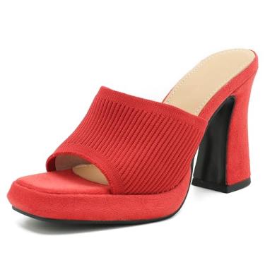 Imagem de Peijely Sandálias femininas de malha plataforma salto quadrado salto alto grosso vestido mule festa, Vermelho, 41