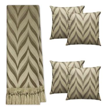 Imagem de Jogo Manta Xale para Sofá Artesanal com Franjas 1,40 x 2,20 com 4 Capas de almofadas (ZIG ZAG 142 BEGE E MARROM)