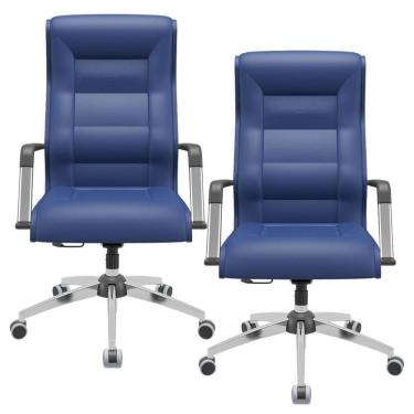 Imagem de Kit 02 Cadeiras De Escritório Giratória Presidente Base Cromada Kirk P03 Vinil Azul - Lyam Decor
