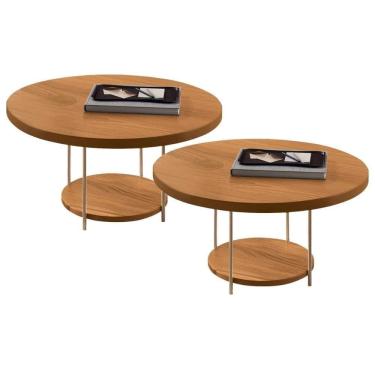 Imagem de Kit 02 Mesas De Centro Para Sala Redonda Tampo Mdf Pés Aço Allure B01 Cinamomo - Lyam D...