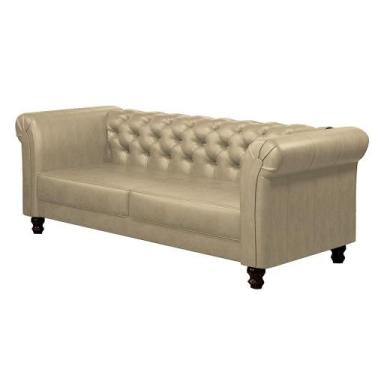 Imagem de Sofá Decorativo Sala de Estar Chesterfield 3 Lugares 220cm Couro Bege 