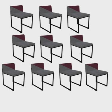 Imagem de Kit 10 Cadeira Office Lee Duo Sala de Jantar Industrial Ferro Preto Suede Cinza e Bordô - Ahz Móveis