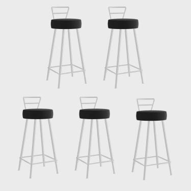 Imagem de Kit 05 Banqueta Alta Com Encosto Tina Eiffel Cozinha Bar Bistrô Ferro Branco Corino Preto - Ahz Móveis