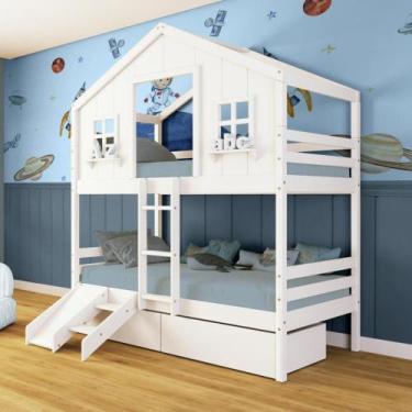 Imagem de Beliche Casinha dos Sonhos com 02 Gavetas Kit Escada/ Escorregador Mad