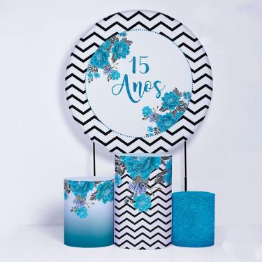 Imagem de Kit Painel de Festa Redondo de 1,30m e Trio de Cilindros 15 Anos- Fera Print