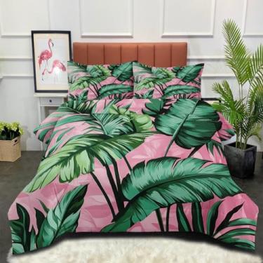 Imagem de XiRiDa Jogo de cama queen de microfibra, ilustração de arte de folha de palmeira, conjunto de edredom para quarto de crianças e adultos, conjunto de edredom com fronhas