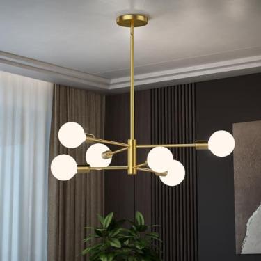 Imagem de EUGITRAINS Lustre Sputnik Moderno Dourado, Luminária De Teto, 6 Luzes, Lustre De Meados Do Século, Luminária Embutida Sputnik Para Sala De Jantar, Sala De Estar, Ilha De Cozinha, Altura Ajustável