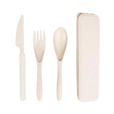 Imagem de Kit Talheres Sustentáveis com Estojo – Reutilizáveis e Biodegradáveis em Palha de Trigo, Uso em Marmita, Viagem, Escola e Camping (3, Nude)