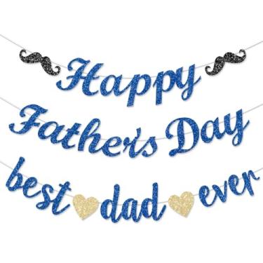 Imagem de ANFEST Cartolina de cartolina com glitter Happy Fathers Day Banner 2,5 m Best Dad Ever para decorações de férias guirlanda feliz dia papai We Love Daddy Banner Thanks Pai Blue Backdrop Bunting Sign