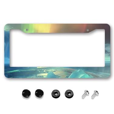Imagem de GUWEI Molduras de placa de carro Auroras apareceram no céu sobre o campo de gelo Suporte de placa de carro capa de etiqueta de carro acessório decoração com 2 furos parafusos para homens e mulheres