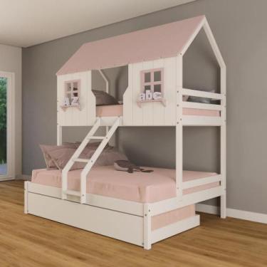 Imagem de Treliche Casal/ Solteiro Casinha Encantada Madeira Maciça Branco/ Rosa