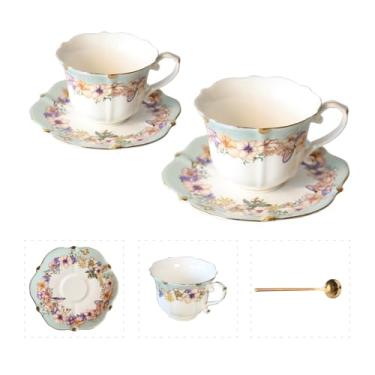 Imagem de Conjunto de xícara de chá e pires de porcelana floral vintage com colher, acabamento dourado, 181 g - conjunto de 2, azul-petróleo - xícaras de chá, café expresso e café (2, azul-petróleo)