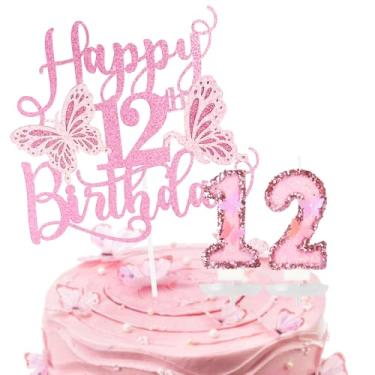 Imagem de Conjunto de velas de aniversário de borboleta para meninas, lantejoulas rosa, numerais, borboleta, 12 velas e glitter borboleta, feliz aniversário de 12 anos, topo de bolo para meninas, mulheres