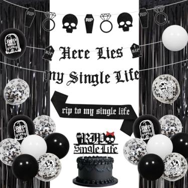Imagem de kreat4joy Decorações Góticas Para Despedida De Solteira, Banner Com Franjas E Balões Pretos "Here Lies My Single Life", Guirlanda Glitter Anel Caixão Caveira, Faixa Topo Bolo