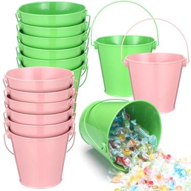 Imagem de Zonon Pacote com 12 baldes de metal tamanho grande rosa e verde com alça acessórios de lembrancinhas de festa de filmes de princesa e bruxa galvanizado redondo balde de lata para festas de bruxas